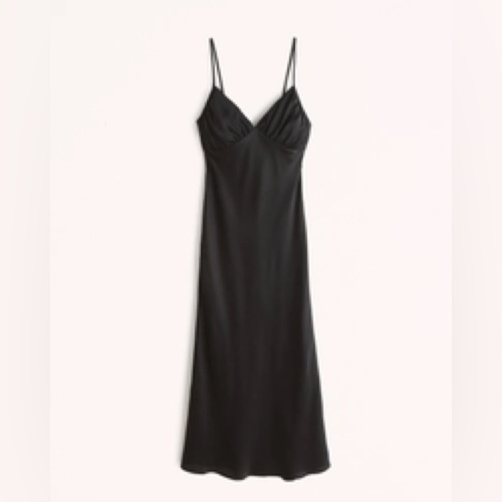 NWT Abercrombie & Fitch Ruched Satin Slip MIDI Dress Black Sleeveless Size Small